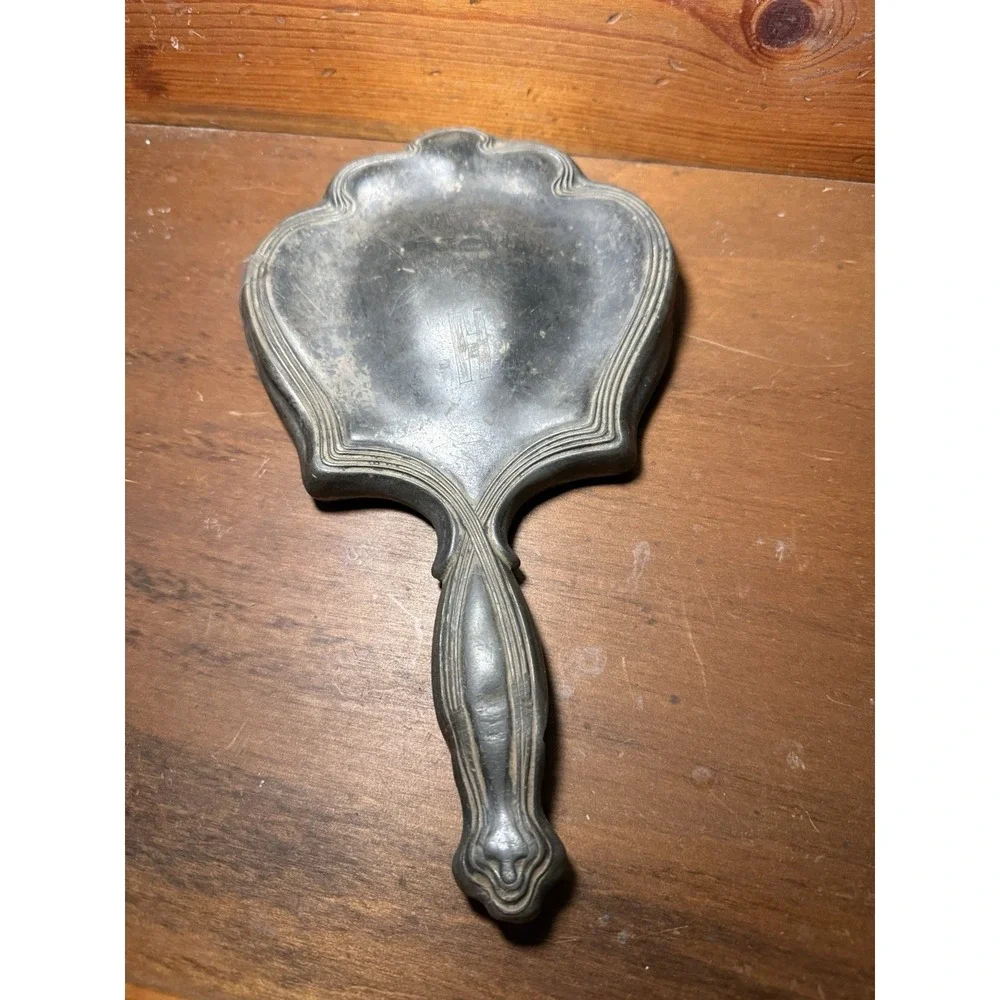 Antique Art Nouveau Hand Mirror Frame Monogrammed Vanity Mirror Silverplate 9